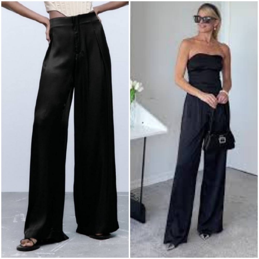 NWT ZARA * SATIN EFFECT FULL LENGTH WIDE DART PANTS - Picture 1 of 6